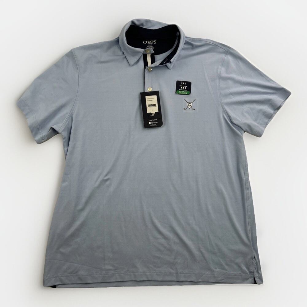 Chaps Golf Shirt, Short Sleeve Collared Polo, Mens Size L, UPF Chambray Blue NWT